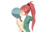  blue_eyes blue_hair closed_eyes couple kiss long_hair mahou_shoujo_madoka_magica miki_sayaka mitakihara_school_uniform multiple_girls nakamura_(marakimi) ponytail red_hair sakura_kyouko school_uniform short_hair yuri 