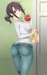  1girl ass b:_the_beginning bangs belt black_hair blue_pants breasts brown_eyes denim eating food from_behind holding hoshina_lily indoors jeans kippuru long_hair long_sleeves looking_at_viewer looking_back medium_breasts pants pocket ponytail shirt solo white_shirt 