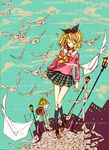  black_legwear blonde_hair closed_eyes cloud envelope hair_ornament hair_ribbon hairclip highres kagamine_rin kneehighs lamppost letter love_letter plaid plaid_skirt ribbon school_uniform shino_(syllable) short_hair shuumatsu_ga_yattekuru!_(vocaloid) skirt sky socks solo vocaloid wings 