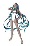  aloe_(pokemon) alternate_hairstyle aqua_eyes aqua_hair bare_legs barefoot breasts competition_swimsuit dark_skin gym_leader hairband hand_in_hair hand_on_hip highres long_hair medium_breasts nail_polish one-piece_swimsuit pokemon pokemon_(game) pokemon_bw shinoi solo swimsuit toenail_polish very_dark_skin very_long_hair white_swimsuit younger 