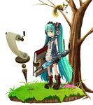  aqua_eyes aqua_hair book gloves grass hatsune_miku headphones long_hair oversized_object pen sakia scroll solo squirrel tree twintails very_long_hair vocaloid 