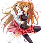  back-to-back bad_id bad_pixiv_id blonde_hair blue_eyes blush capri_pants heart houjou_hibiki keikotsu locked_arms long_hair minamino_kanade multiple_girls orange_hair pants precure smile suite_precure thighhighs tight tight_pants two_side_up white_background white_legwear 