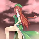  absurdres aoi_(concerto) ass blue_eyes braid breasts covered_nipples hat highres hong_meiling long_hair medium_breasts red_hair scar side_slit solo touhou twin_braids 