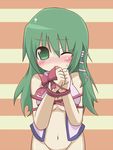  bad_id bad_pixiv_id bdsm blush bondage bottomless bound green_eyes green_hair groin himegi kochiya_sanae navel no_bra no_panties open_clothes open_shirt ribbon ribbon_bondage shirt snake solo striped striped_background touhou upper_body 