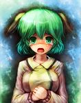  animal_ears blush breasts danbo_(rock_clime) dress fang green_eyes green_hair hands_on_own_chest hands_together highres kasodani_kyouko large_breasts open_mouth own_hands_together short_hair solo tears touhou upper_body 
