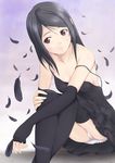  bare_shoulders black_hair collarbone dress elbow_gloves eviryun feathers fingerless_gloves gloves hands karasu_(noein) noein panties red_eyes solo strap_slip striped striped_panties thighhighs underwear 