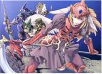  alhazad_(wild_arms) armor armored_dress belselk_(wild_arms) blue_background blue_eyes boots brown_hair cape claws dress elbow_gloves elmina_niet fangs feathers frown gloves helmet highres holding holding_scythe jewelry kneeling lady_harken long_hair monster official_art ooba_wakako polearm red_armor ribbon scan scan_artifacts scythe spear tail valkyrie weapon white_hair wild_arms wild_arms_1 zeikfried_(wild_arms) 