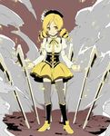  beret blonde_hair boots drill_hair gun hair_ornament hat magical_girl magical_musket mahou_shoujo_madoka_magica pleated_skirt puffy_sleeves rifle skirt smile smoke solo thighhighs tomoe_mami toromera weapon yellow_eyes zettai_ryouiki 