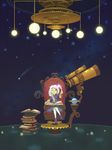  astronomy blush book chair child dress female gear gears girl highres long_hair open_mouth original ponytail red_eyes sitting solo star telescope throne white_hair wink 