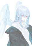  1girl absurdres angel angel_wings bangs black_hoodie blue_eyes blue_hair blue_wings breasts feathered_wings hair_behind_ear hair_between_eyes harutask highres hood hoodie long_hair medium_breasts original polo_shirt shirt solo upper_body white_background white_shirt wings 