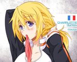  adjusting_hair blonde_hair blue_eyes blush charlotte_dunois convexer_(102) glasses infinite_stratos jacket mouth_hold raglan_sleeves solo track_jacket typo 
