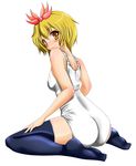  absurdres ass bad_id bad_pixiv_id blonde_hair blush highres looking_back one-piece_swimsuit school_swimsuit shiny shiny_clothes short_hair skindentation smile solo swimsuit tera_hiroshi thighhighs toramaru_shou touhou white_school_swimsuit white_swimsuit yellow_eyes 