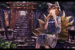  aburaage bad_id bad_pixiv_id banner blonde_hair blush chen chen_(cat) eating food fox_tail hat highres kurione_(zassou) letterboxed multiple_tails multiple_torii nobori red_eyes scenery shide short_hair sitting solo stairs sweatdrop tabard tail torii touhou tree tree_shade yakumo_ran 
