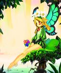  blonde_hair blush braid flower head_wreath long_hair mercedes odin_sphere pointy_ears red_eyes senzo_(soken) sitting solo twin_braids water wings 