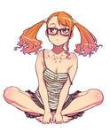  anjou_naruko ano_hi_mita_hana_no_namae_wo_bokutachi_wa_mada_shiranai. bare_legs bare_shoulders barefoot blush body_blush breasts brown_eyes camisole earrings face feet full_body glasses hands hands_on_feet highres hijiri_rei indian_style jewelry medium_breasts orange_hair shirt simple_background sitting solo strap_slip striped striped_shirt twintails 