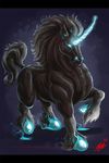  amazing black blue_glow brown_body equine feral glowing glowing_eyes glowing_horns glowing_markings hooves horn male mammal markings matt_frank multicolored_background muscles solo unicorn 
