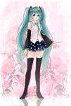  aqua_eyes aqua_hair boots detached_sleeves dorris flower hatsune_miku high_heels highres long_hair necktie pink_flower pink_rose polka_dot rose shoes skirt solo thigh_boots thighhighs twintails very_long_hair vocaloid 