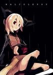  black_legwear blonde_hair cover cover_page engrish fuukadia_(narcolepsy) kneehighs kurodani_yamame rain ranguage red_eyes short_hair sitting solo touhou 