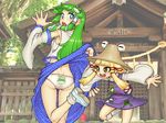  back-print_panties blonde_hair blue_eyes brown_eyes clothes_writing detached_sleeves frog green_hair hair_ornament hat highres jon_henry_nam kochiya_sanae long_hair moriya_suwako multiple_girls panties print_panties short_hair shrine skirt skirt_lift touhou underwear 