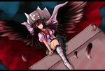  asymmetrical_clothes black_legwear bow breasts brown_hair cape dacho hair_bow large_breasts long_hair open_mouth red_eyes reiuji_utsuho single_thighhigh sitting skirt solo thighhighs third_eye touhou wings 