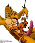  bdsm bondage chris_goodwin cum dragon feline gay male nude oral piercing red_eyes rope scalie size_difference tiger 