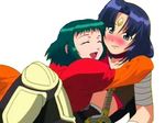  2girls belt blue_hair blush choker dress embarrassed eyes_closed farah_oersted girl_on_top gloves green_eyes green_hair happy hug jewelry long_hair lying marone_bluecarno midriff open_mouth short_hair shy smile sword tales_of_(series) tales_of_eternia weapon yuri 