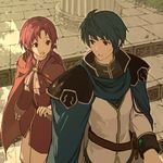  1girl armor bad_id bad_pixiv_id blue_eyes blue_hair brother_and_sister cape ethlin_(fire_emblem) fire_emblem fire_emblem:_seisen_no_keifu harusame_(rueken) pink_eyes pink_hair short_hair siblings sigurd_(fire_emblem) 