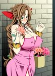  aerith_gainsborough bangs bare_shoulders basket blush body_blush bracelet breasts brown_hair cleavage drain_(pixiv2176281) dress erect_nipples female final_fantasy final_fantasy_vii flower green_eyes huge_breasts jewelry long_hair plant ponytail red_ribbon ribbon solo 