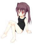  barefoot brown_eyes brown_hair feet flat_chest full_body long_hair meito_(maze) one-piece_swimsuit original school_swimsuit sitting solo swimsuit twintails 