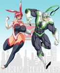  1girl abs animal_ears breasts bunny_ears covered_nipples headband highres hips huge_breasts leotard muscle red_eyes red_hair sasaki_tatsuya superhero thick_thighs thighhighs thighs white_hair 