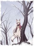  animal_ears dress fox_ears fox_tail hair_ornament jewelry konshin long_hair necklace original pantyhose snow solo tail tree white_hair winter yellow_eyes 