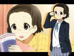  book brown_eyes brown_hair extra forehead glasses hairband k-on! kisuke_(akutamu) pajamas school_uniform shima_chizuru short_hair 