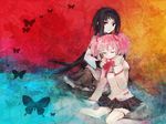  akemi_homura bad_id bad_pixiv_id black_hair brown_eyes bug butterfly closed_eyes faux_traditional_media hairband hands_on_shoulders holding_hands insect kaname_madoka kno_(anahita) long_hair magical_girl mahou_shoujo_madoka_magica mitakihara_school_uniform multiple_girls pantyhose pink_hair school_uniform short_hair sitting thighhighs twintails wariza water white_legwear 