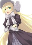  blonde_hair bow crossed_arms dress gosick gothic_lolita green_eyes hat lolita_fashion long_hair nueco open_mouth simple_background solo standing tsurime very_long_hair victorica_de_blois white_background 