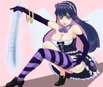  1girl back_lace bangs bare_shoulders breasts cleavage detached_collar elbow_gloves gloves large_breasts long_hair looking_at_viewer no_bra panty_&amp;_stocking_with_garterbelt purple_hair sakuama sakuama_chuu solo stocking_(character) stocking_(psg) sword two-tone_hair weapon 