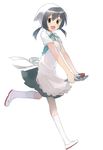  apron black_hair brown_eyes d-frag! female footwear full_body funabori funebori open_mouth running school_uniform shoes simple_background smile socks solo twintails white_background white_legwear 