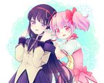  akemi_homura ao_nago bad_id bad_pixiv_id black_hair blush gloves holding_hands kaname_madoka long_hair magical_girl mahou_shoujo_madoka_magica multiple_girls pink_eyes purple_eyes ribbon short_hair smile twintails white_gloves 