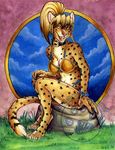  amber_eyes bikini blonde_hair claws collar feline female grass hair happy leopard looking_at_viewer sitting skimpy smile solo starla stars stephanie_stone stripes ★ 