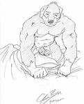  2007 barazoku bed canine chestnuts_(artist) dog kneeling line_art looking_at_viewer male monochrome muscles nude penis seduction sketch solo 
