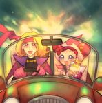  araragi_natsuki bad_id bad_pixiv_id bandana blonde_hair car convertible driving ground_vehicle harukaze_doremi hat long_hair majo_ran makihatayama_hana motor_vehicle multiple_girls ojamajo_doremi open_mouth pink_eyes pink_hat red_eyes red_hair right-hand_drive smile steering_wheel 