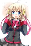  bad_id bad_pixiv_id blonde_hair blue_eyes bow highres kamikita_komari little_busters! pink_bow plaid plaid_skirt school_uniform shino_(sosuketo) short_hair skirt solo 