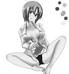  barefoot breasts feet greyscale large_breasts monochrome open_clothes open_shirt panties rio_-rainbow_gate!- rio_rollins shirt solo super_blackjack suta_furachina underwear 