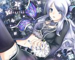  black_legwear blue_eyes blue_hair breasts bug butterfly butterfly_wings cleavage eyeshadow fingernails hair_ornament insect kof:_maximum_impact lipstick long_fingernails long_hair luise_meyrink makeup maximum_impact_ii medium_breasts midriff mole nail_polish navel puracotte snk solo the_king_of_fighters thighhighs wings 