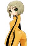  ass blonde_hair blush bodysuit bruce_lee's_jumpsuit green_eyes huang_baoling inuue_kiyu jumpsuit looking_back orange_bodysuit short_hair solo tiger_&amp;_bunny 