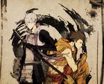  arm_guards brown_eyes brown_hair fingerless_gloves frown gloves grey_hair hair_over_one_eye hood hoodie ishida_mitsunari_(sengoku_basara) katana male_focus midriff multiple_boys paint profile sengoku_basara sengoku_basara_3 sheath sheathed sword tokugawa_ieyasu_(sengoku_basara) tomekichi weapon yellow_eyes 