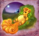  2011 3_toes arthropod artist_name belly big_belly black_kitty brown_eyes butterfly canid canine duo feet female feral fur game_freak generation_1_pokemon genitals grass hair inner_ear_fluff insect lepidopteran lying mammal multi_tail multicolored_body multicolored_fur nintendo on_back orange_body orange_fur orange_hair pawpads paws plant pokemon pokemon_(species) pregnant pregnant_female pregnant_feral pussy size_difference solo_focus tail toes tuft vulpix 