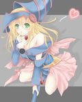  bare_shoulders blonde_hair blush breasts cleavage dark_magician_girl duel_monster finger_to_mouth green_eyes grey_background hat heart long_hair medium_breasts pentacle pentagram rara419 yuu-gi-ou yuu-gi-ou_duel_monsters 