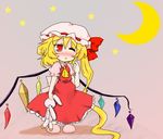  ascot bad_id bad_pixiv_id blonde_hair blush bow chibi crescent dress flandre_scarlet gem hat highres long_hair moon night o_omune_(kagu8) one_eye_closed open_mouth pointing ponytail red_eyes ribbon side_ponytail sky sleepy solo star tears touhou very_long_hair wings 