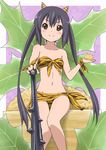  animal_print bandeau bare_shoulders beans bikini black_legwear blush brown_eyes club cosplay errant front-tie_top horns k-on! long_hair lum lum_(cosplay) nakano_azusa navel setsubun smile solo spiked_club swimsuit tiger_print twintails urusei_yatsura weapon 