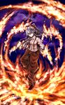  bow fire fujiwara_no_mokou hair_bow highres kagu_(a_hazy_moon) long_hair pants red_eyes silver_hair solo standing standing_on_one_leg suspenders touhou 